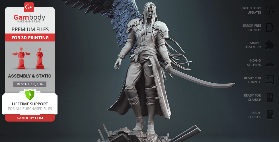 A detailed 3D model of a character with a sword and wing, designed for 3D printing.