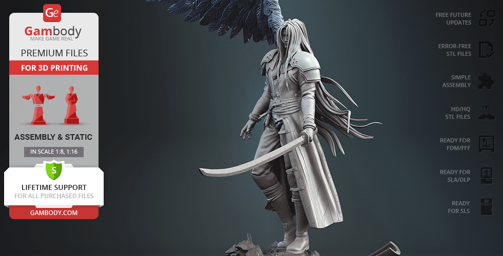 3D model of a warrior with long hair and sword, ready for 3D printing. Features detailed armor and flowing coat.