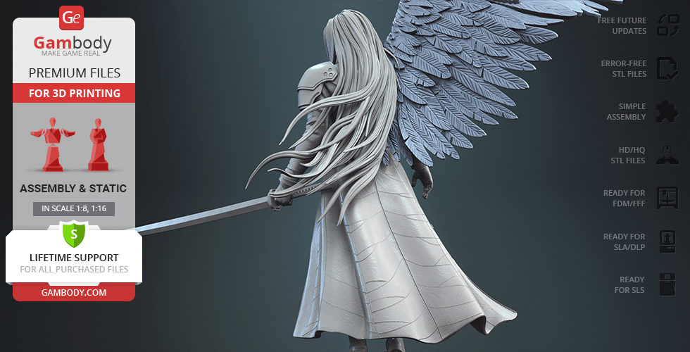 A winged figure holding a sword, interpreted from a video game character, displayed on a promotional banner.