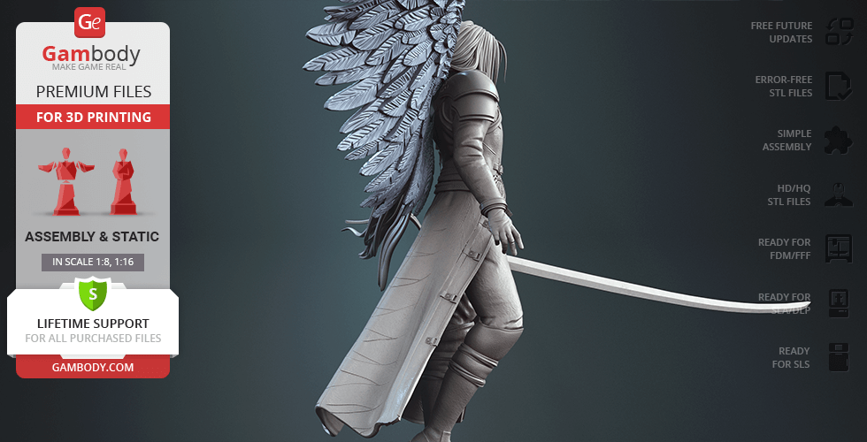 A detailed 3D model of a character with long hair, large wings, and a long sword, ready for 3D printing.