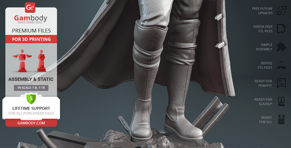 A detailed 3D model of a character's lower body with boots and flowing coat on rocky base for 3D printing.