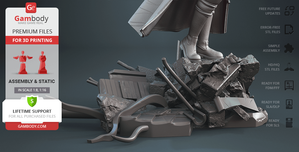 A 3D model display of a character standing on a rocky, debris-filled base, designed for 3D printing from Gambody.