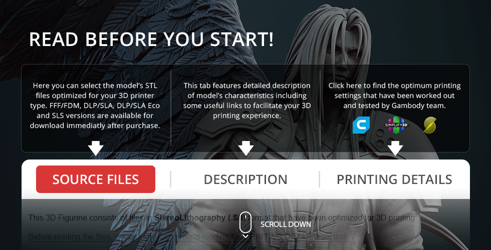 3D printable Sephiroth model from Final Fantasy VII with file options and printing details.