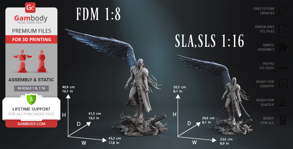 A detailed 3D model of a winged character in dynamic pose for printing, offered in two scales: 1:8 and 1:16.
