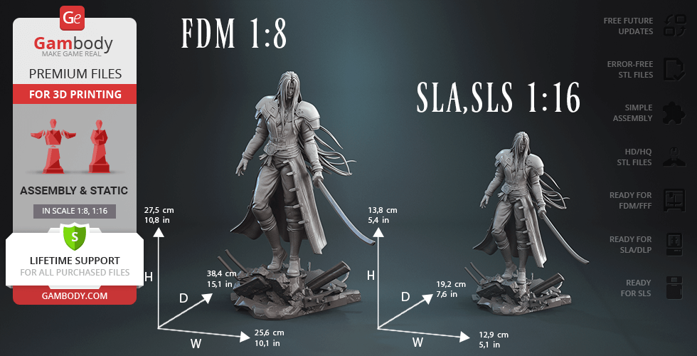 3D printed model of a long-haired warrior with a tall sword, standing on a rocky base.