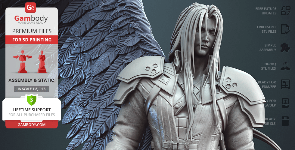 A highly detailed 3D model of a character with long hair and armor, ready for 3D printing.