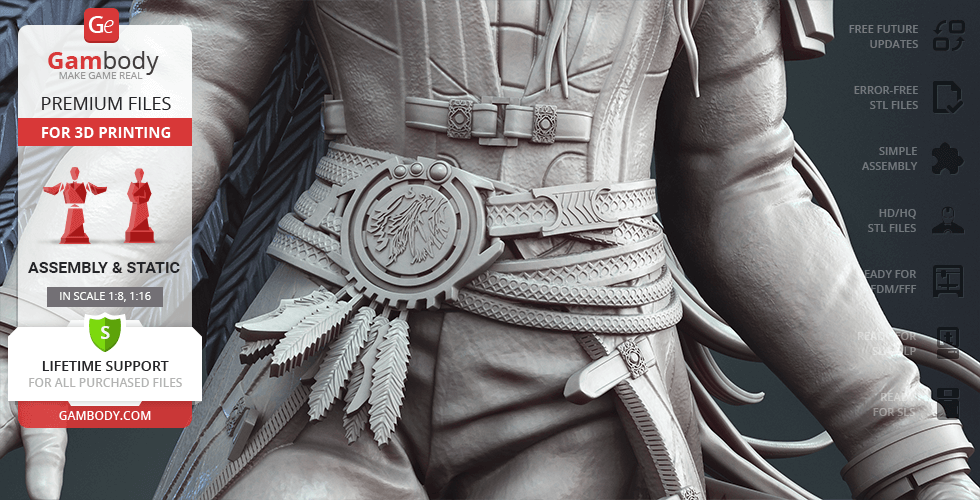 Detailed 3D model of a robed character with intricate belt and feather details, ready for printing.