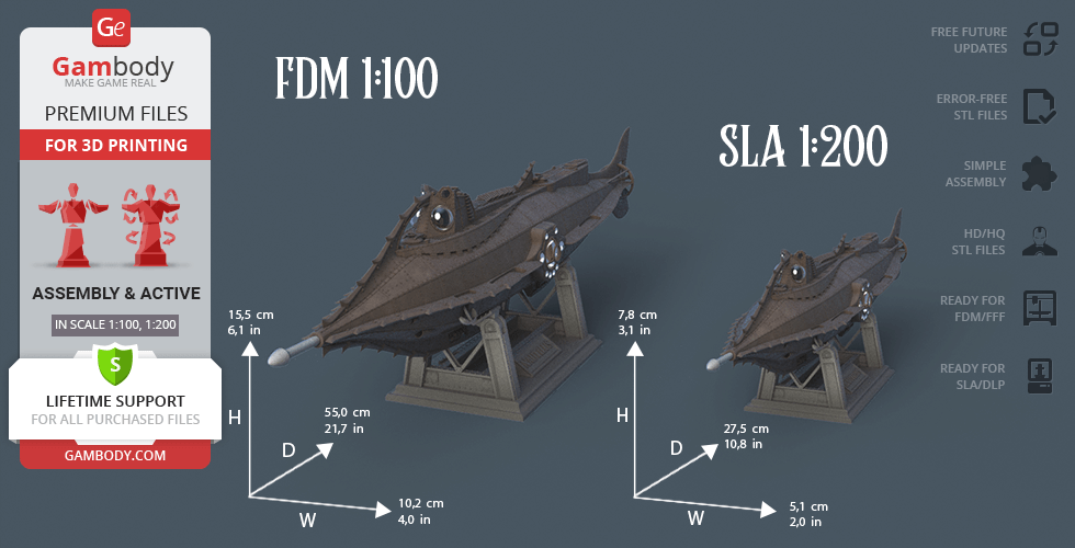 3D model of the Nautilus submarine with measurements and scale options for FDM and SLA 3D printing.