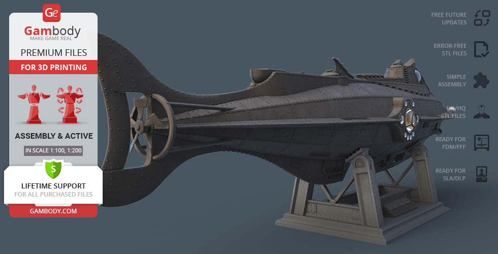 A detailed 3D model of the Nautilus Submarine on a stand, ready for 3D printing via Gambody.