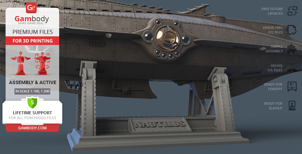 Detailed 3D model of the Nautilus submarine on a stand, designed for 3D printing, shown by Gambody.