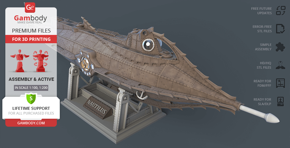Detailed 3D model of the Nautilus submarine on a display stand for 3D printing.