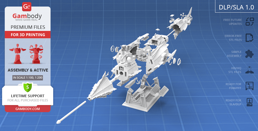 3D model of a detailed Nautilus submarine, disassembled for 3D printing, shown on a blueprint background.
