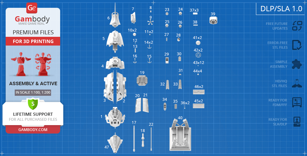 Blueprint-style layout showing parts of the Nautilus submarine model for 3D printing.