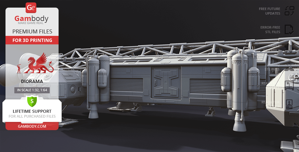 Detailed model of a sci-fi spacecraft component with intricate truss structure for 3D printing.