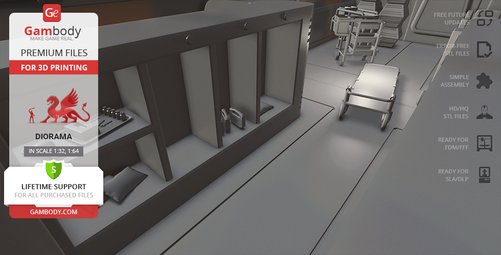 A gray 3D diorama scene with compartments, instruments, and a stretcher for Eagle Transporter model.