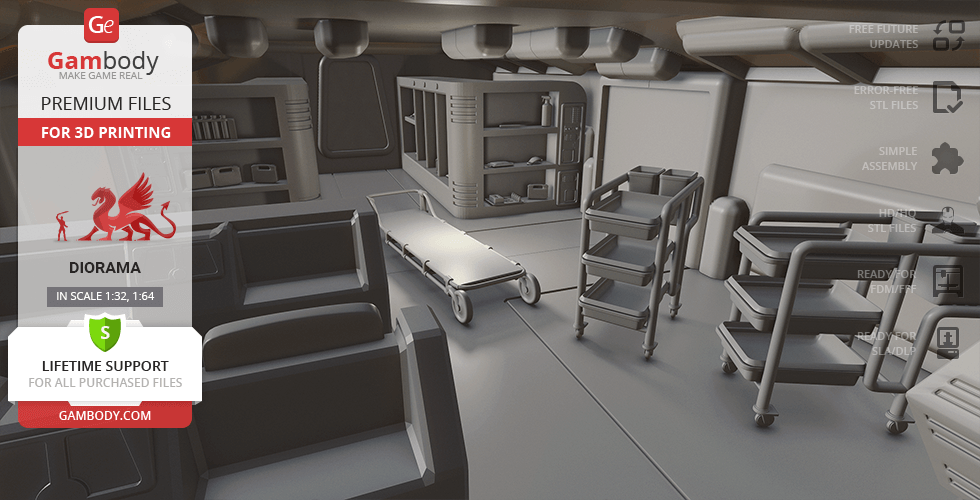 Spacious sci-fi interior with shelves, carts, and beds, designed for 3D printing as an add-on kit.