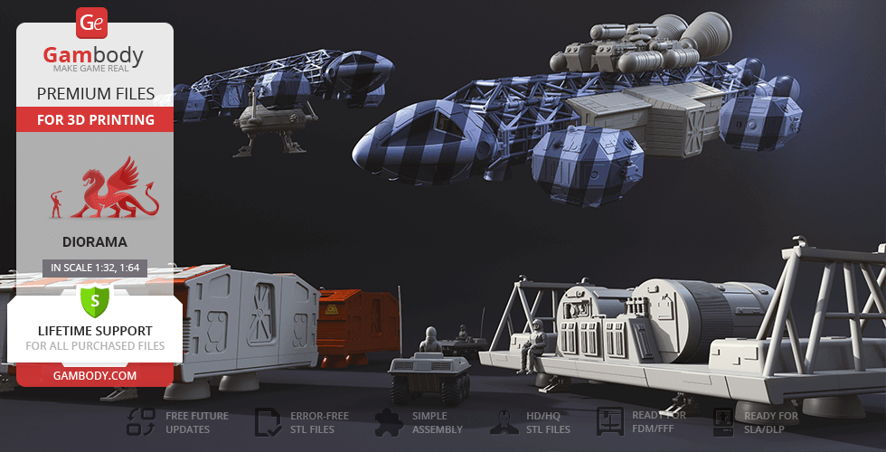 A detailed model of an Eagle Transporter spacecraft and add-on kit for 3D printing.