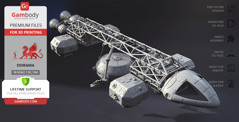 A detailed 3D model of the Eagle Transporter spacecraft for 3D printing, showcasing complex structures.
