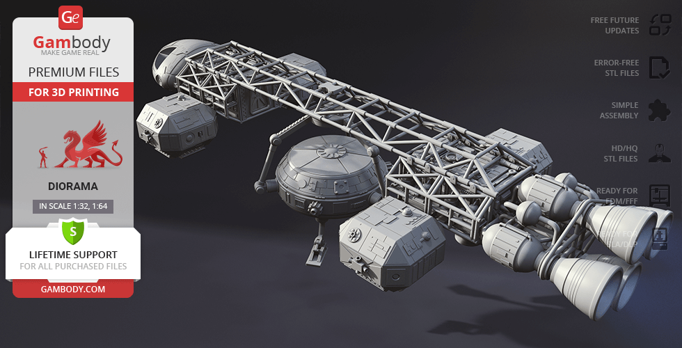 A detailed 3D model of a futuristic spacecraft, featuring a modular and symmetrical design.
