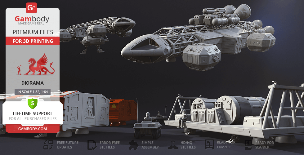 3D model of Eagle Transporter with add-on kit, including spacecraft and structures for 3D printing.