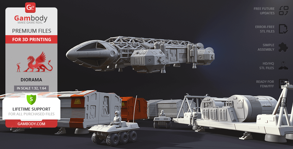 Sci-fi Eagle Transporter model kit with support vehicles for 3D printing. Diorama in scale 1:32, 1:64.