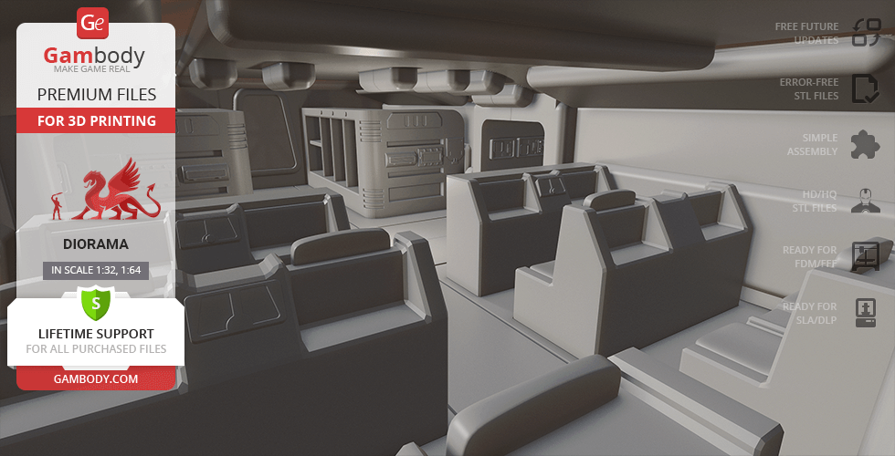 Futuristic spacecraft interior model for diorama, featuring seats and control panels for 3D printing.