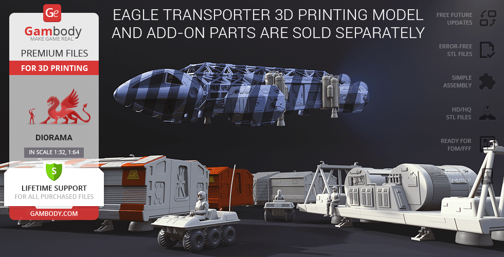 Eagle Transporter 3D model with add-on kit parts, ready for 3D printing, shown with additional components.