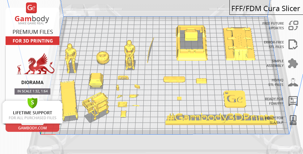 Collection of yellow 3D-printable components on a grid for an Eagle Transporter model, includes figures and parts.