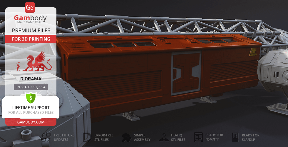 3D model of an Eagle Transporter add-on with red module for 3D printing, showcasing structural details.