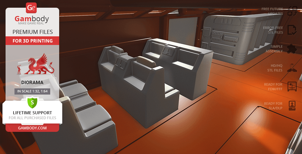 Model of a sci-fi transport interior with seats and control panels for 3D printing.