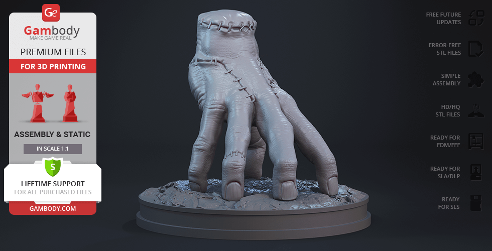 A stitched hand on a base, resembling a character from a movie, ready for 3D printing.