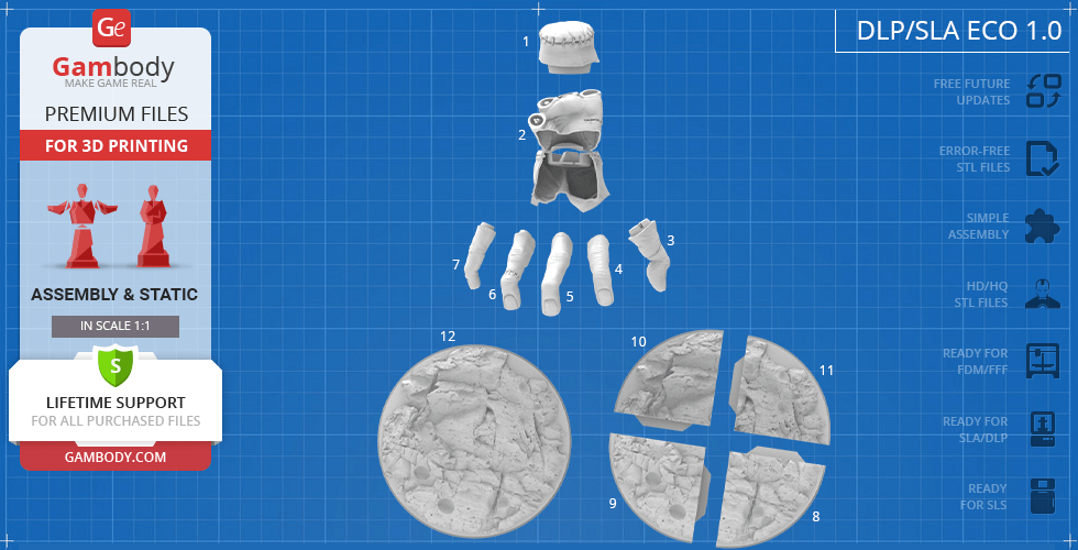 3D printable STL parts of Thing from 'Wednesday' show disassembled hand and base on Gambody blueprint.
