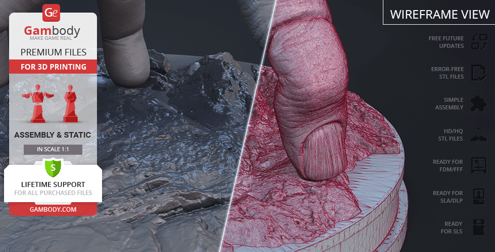 A detailed 3D model of a disembodied hand (Thing) on a textured circular base, shown in wireframe and solid view.