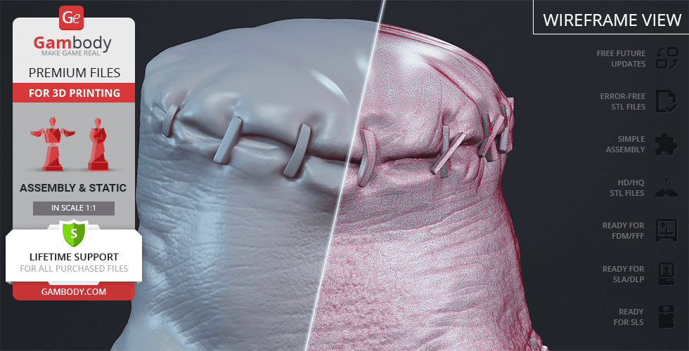 A highly detailed 3D model of a stitched, severed hand for 3D printing, split view with wireframe.