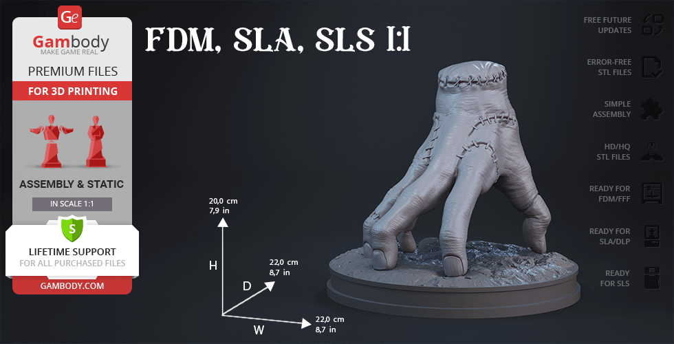 A 3D model of a severed hand with stitches, posed on a round base for printing.