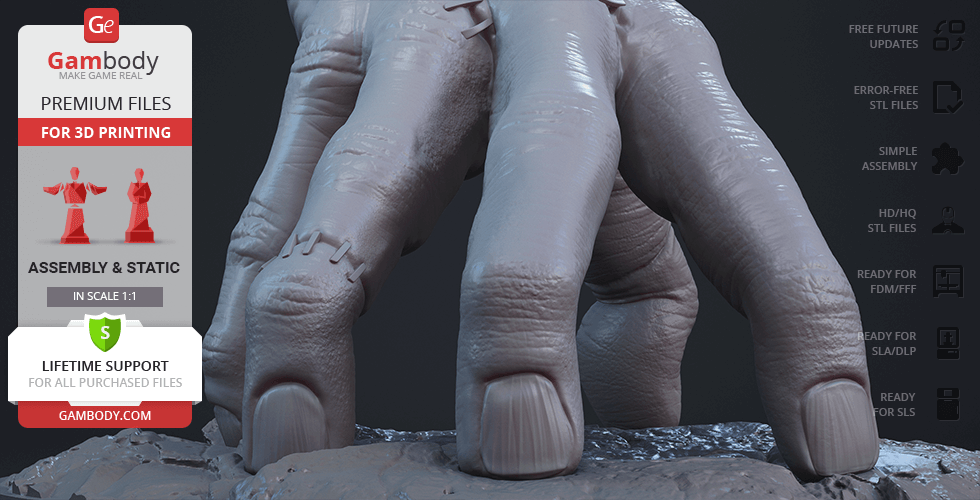 A detailed 3D model of a realistic, severed hand with stitched scars, poised on a rocky base.