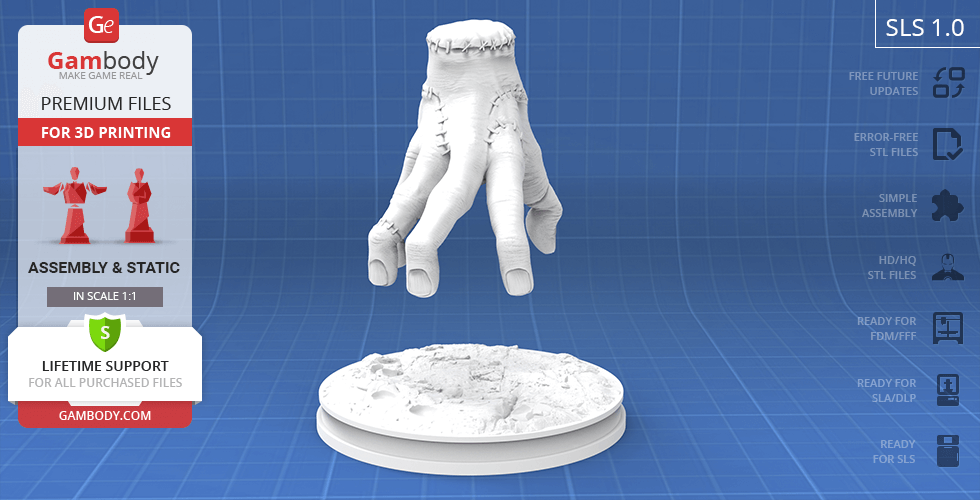 A 3D model of a hand with stitched details on a decorative base, designed for 3D printing.