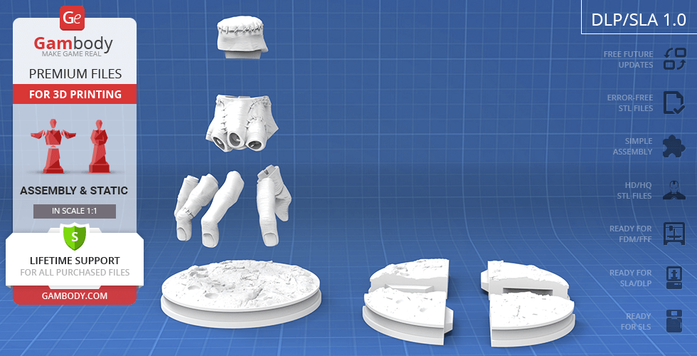 3D model parts of a disassembled hand, designed for 3D printing, shown on a grid background.