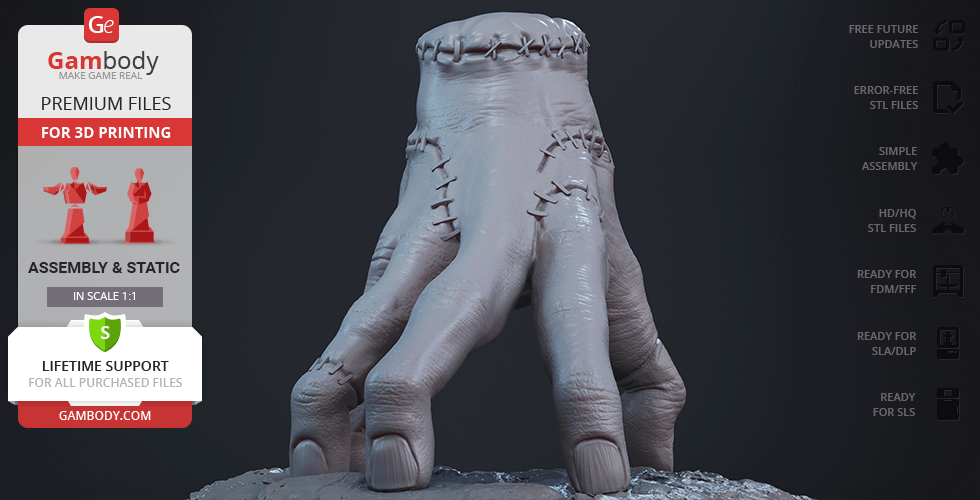 A realistic model of a severed hand with stitches, designed for 3D printing.