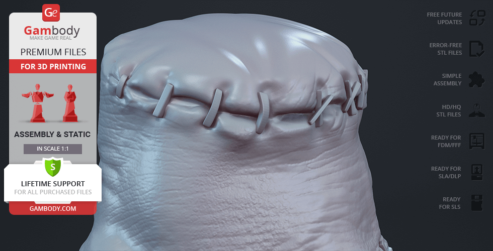 A 3D model of a stitched, severed wrist from 'Thing' for 3D printing, displayed by Gambody.