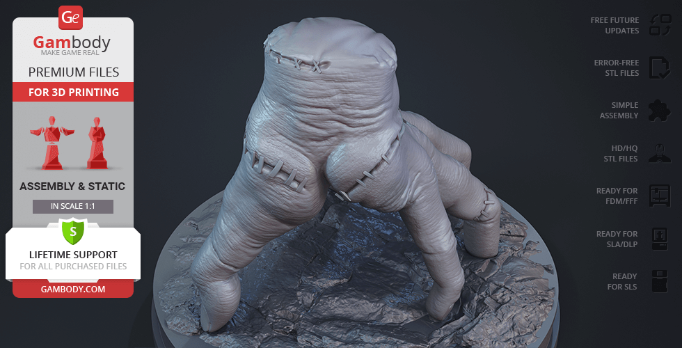 A detailed 3D model of a stitched hand resembling the character Thing from a fictional show, on a rocky base.