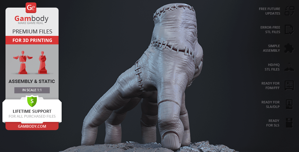 A 3D model of a hand walking on fingers, designed for printing, with detailed stitching around the wrist.