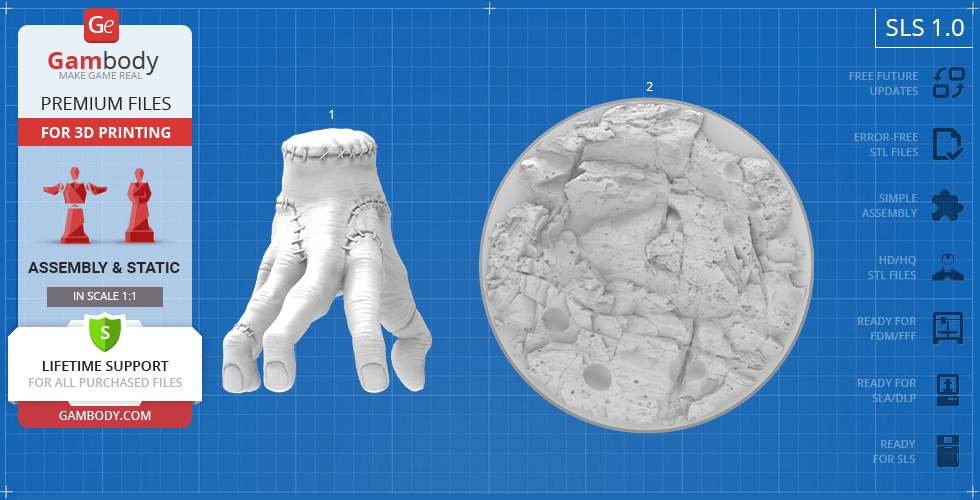 A detailed, disembodied hand model for 3D printing, displayed with a textured base.