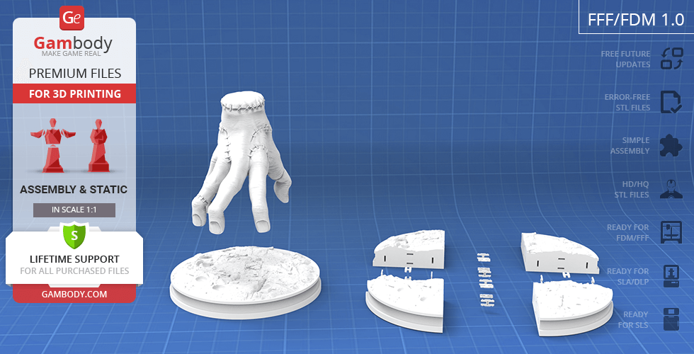 3D model of a disembodied hand on a base, shown in parts for assembly and 3D printing.