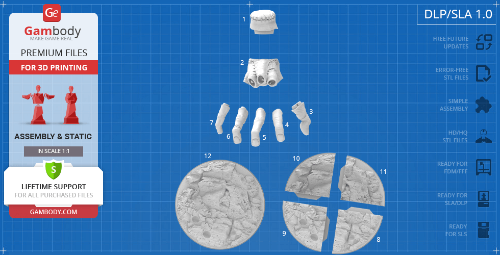 3D model parts for printing a disembodied hand and rocky base, displayed on a blueprint background.