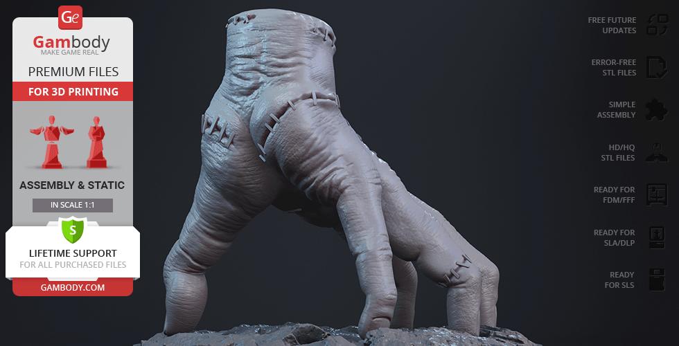 A 3D model of a walking hand with stitches on the wrist, designed for 3D printing.