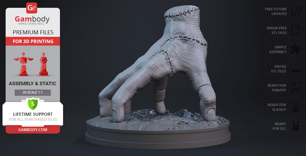 A 3D model of a stitched hand crawling on a rocky base, suitable for printing.