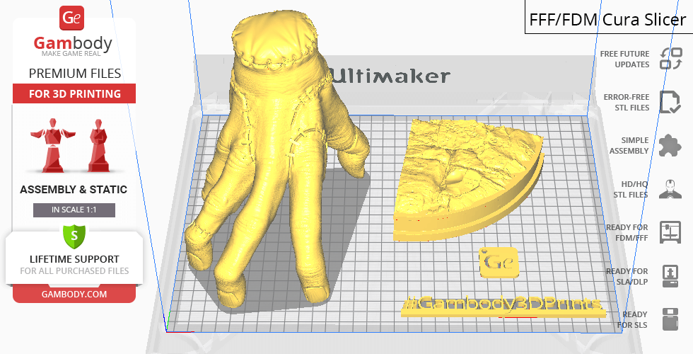 A 3D model of a crawling hand and base for printing, displayed in a slicer software.