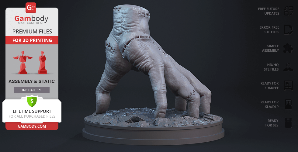 A detailed 3D model of a disembodied hand standing on a textured base, designed for 3D printing.