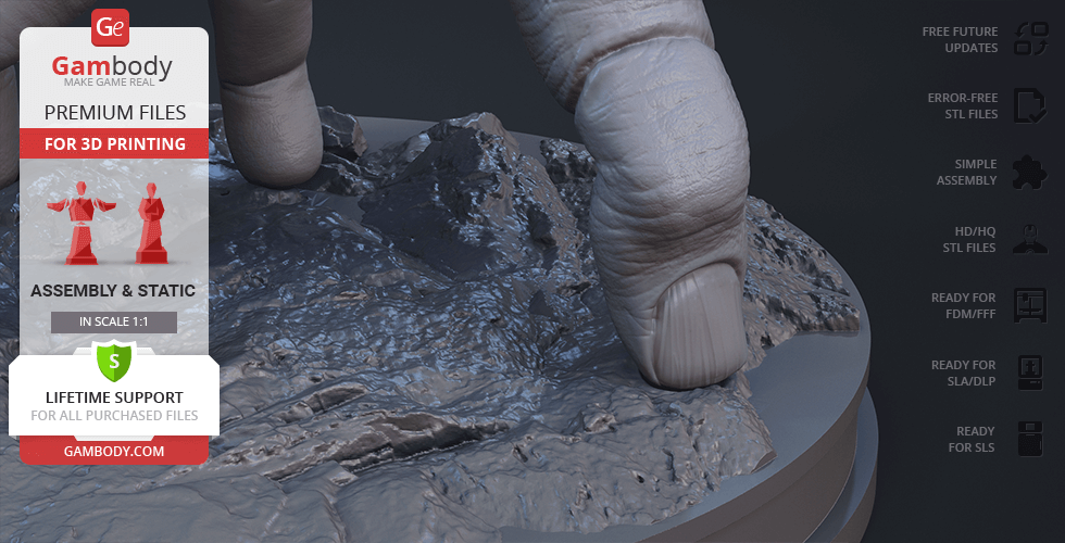 A detailed 3D print model of a hand with fingers pressing down on a rocky surface.